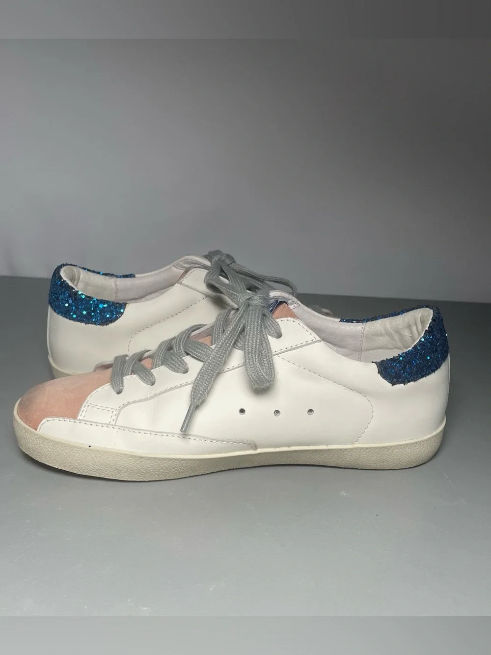 Golden Goose White Sneakers with Pink Star and Blue Glitter Heel Size 38 - Picture 2 of 8